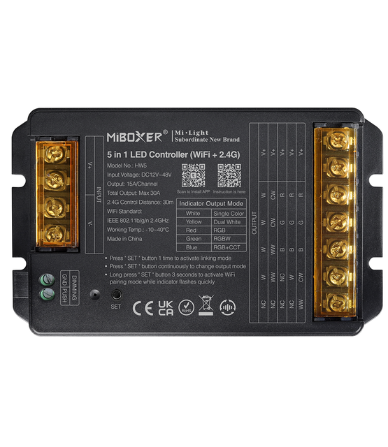 Professionele 30 ampere LED controller 5 in 1 - Single Color/Dual White/RGB/RGBW/RGBWW/RGBCCT LED strips 12-24-48v - HW5