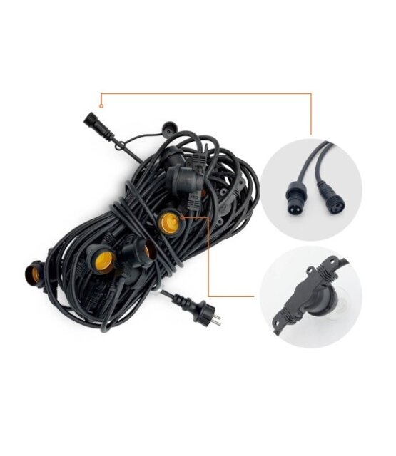 Koppelbare LED feestverlichting 20 meter lang met 20 lichtpunten E27 - prikkabel
