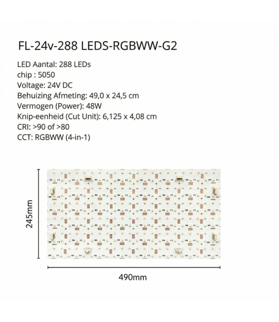 Flexibel LED sheet - 288 LED - RGBWW - Dimbaar - 24 volt IP20 - 49cm x 24,5 cm- Koppelbaar LED Sheet