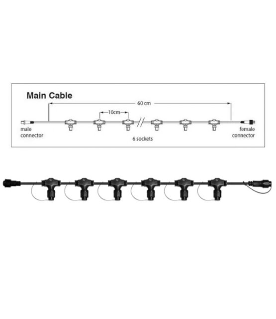 Hoofdkabel kerstverlichting Zwart – 60 cm – 6 aansluitingen – voor uitbreidbare kerstverlichting
