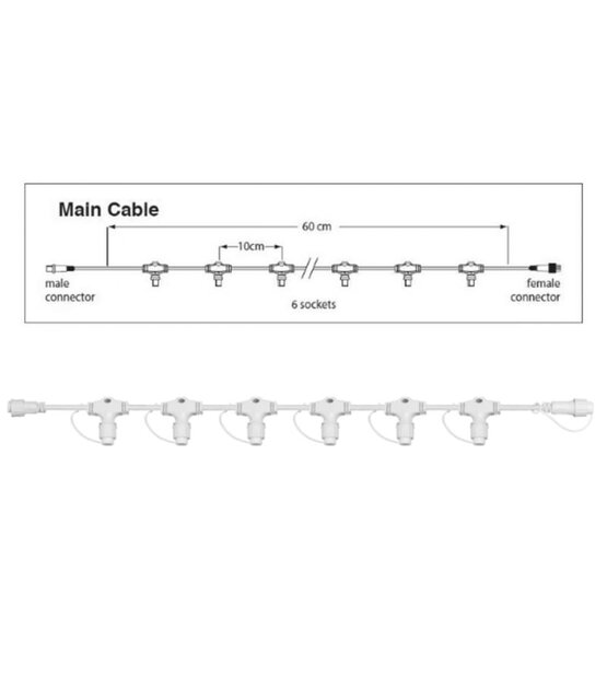 Hoofdkabel kerstverlichting wit – 60 cm – 6 aansluitingen – voor uitbreidbare kerstverlichting