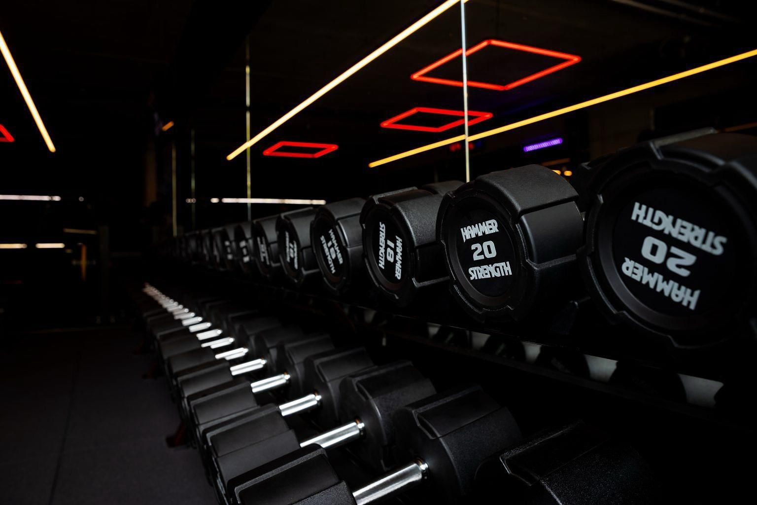 Moderne sportschool met LED-verlichting en een rij dumbbells. in Power Up Gym Sportschool Assen