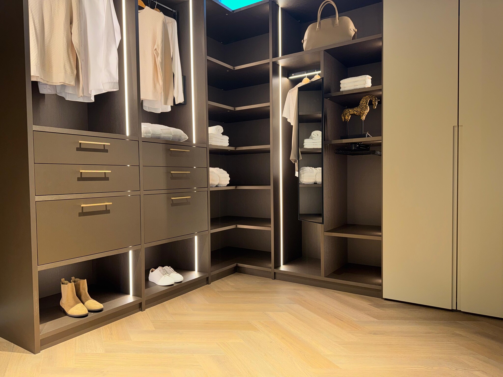 Moderne inloopkast met op maat gemaakte kasten en LED-verlichting. voor Woninginrichting aan huis Zaanstad