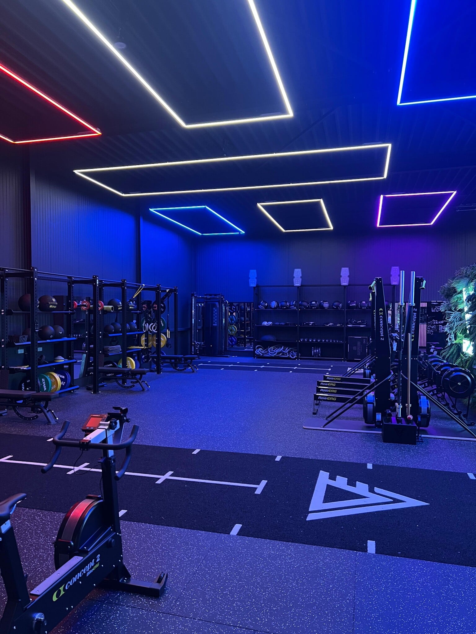 Detailbeeld van LED verlichting voor Exentry gym en HYROX met moderne lichtintegratie