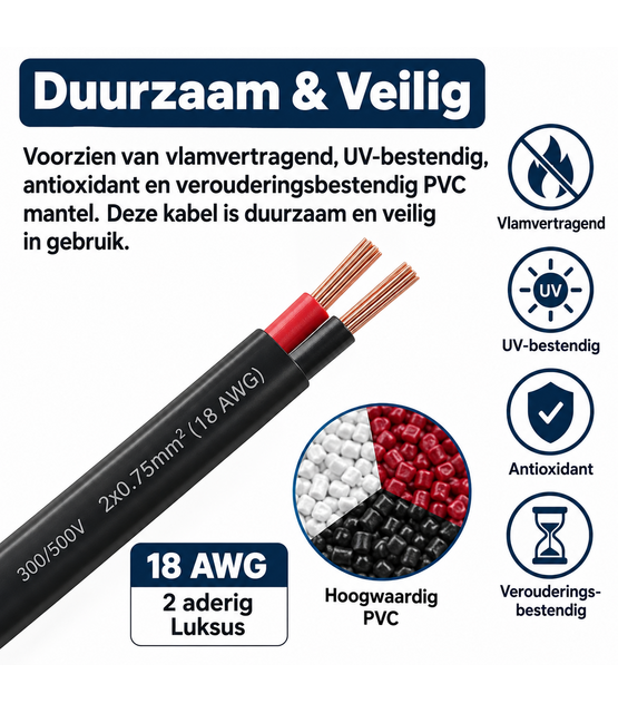 Installatiekabel  0,75mm² 18AWG 2-aderige platte installatie kabel met PVC bescherming en koperen kern  - 100cm (tot 100m op rol)
