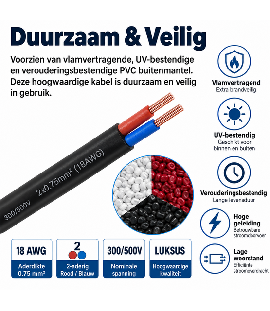 Installatiekabel  0,75mm² 18AWG 2-aderige platte installatie kabel met PVC bescherming en koperen kern  - 100cm (tot 100m op rol)