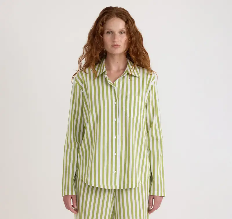 Organic Basics Organic Basics Core sleep Poplin Shirt Matcha Green Stripe