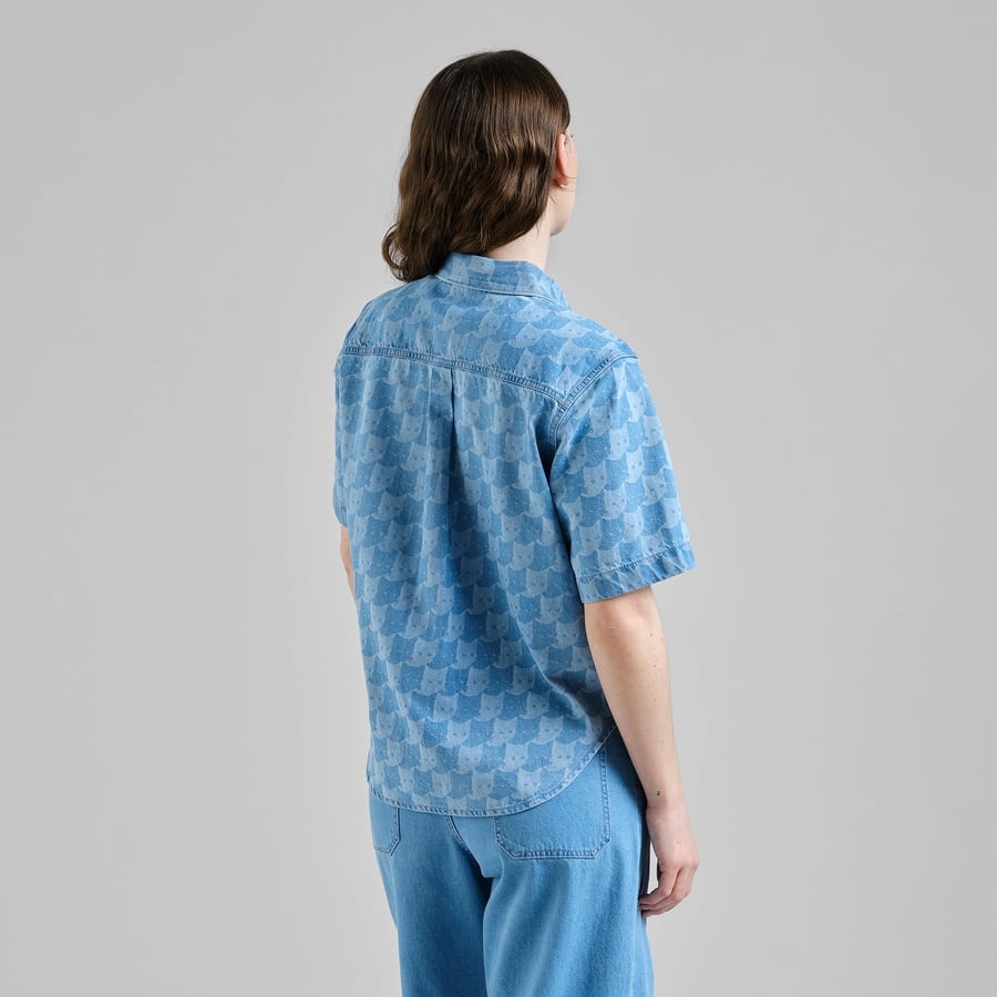 Dedicated Dedicated Shirt Stensvik Denim Pepita Cats Lichtblauw
