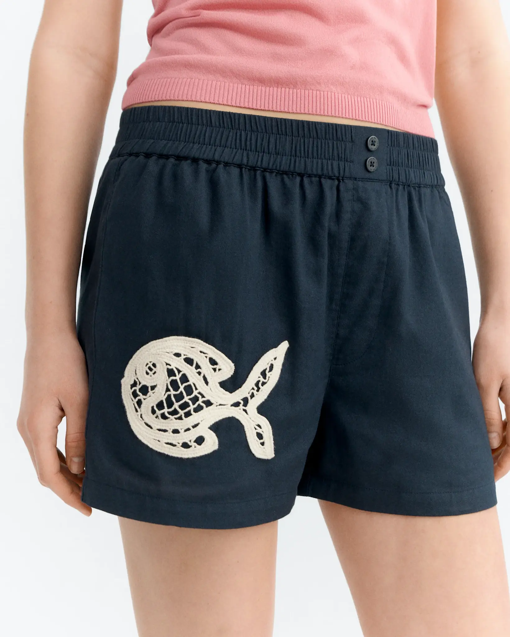 Thinking Mu Thinking Mu Navy Fish Patch Geraldine Shorts