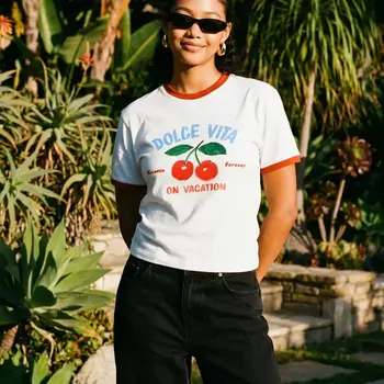 On Vacation Cherry T-Shirt - White (Short Cut)