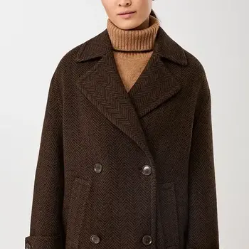 Langerchen Long Caban-Style Jas in Herringbone Pattern Coffee-Black