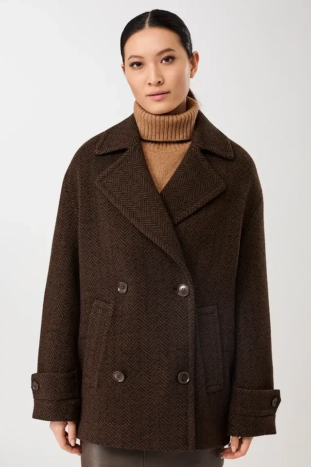 Langerchen Langerchen Long Caban-Style Jas in Herringbone Pattern Coffee-Black