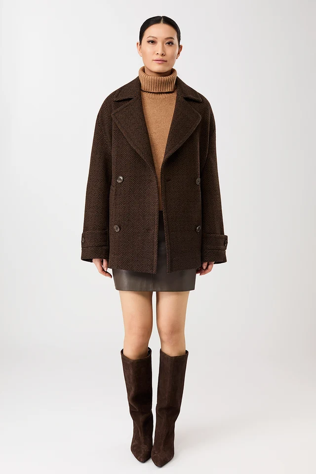 Langerchen Langerchen Long Caban-Style Jas in Herringbone Pattern Coffee-Black