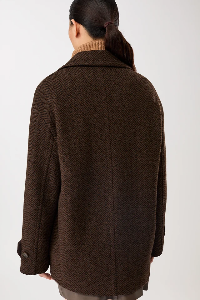 Langerchen Langerchen Long Caban-Style Jas in Herringbone Pattern Coffee-Black