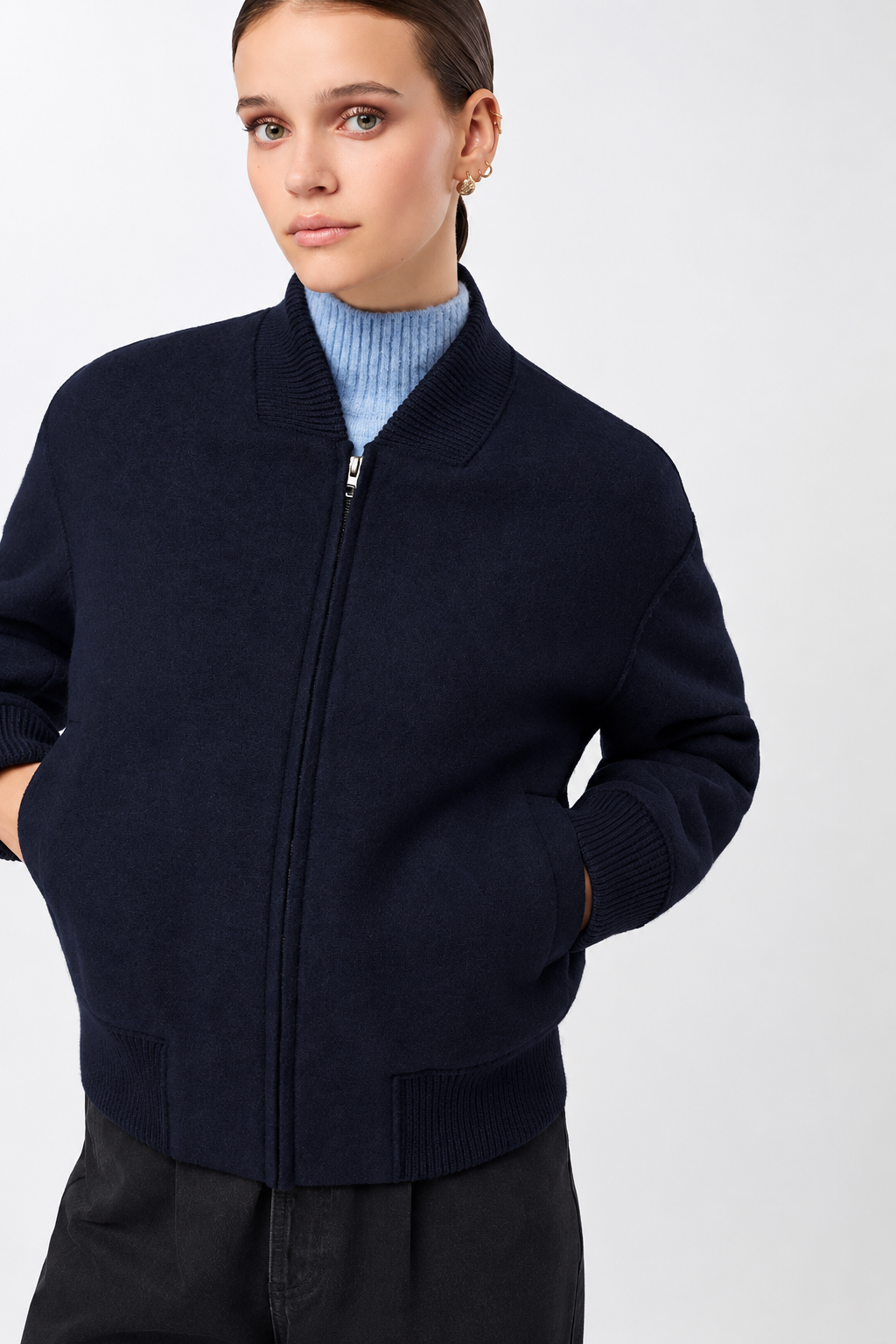 Langerchen Langerchen 90s Bomber Style Jacket With Ribbing Navy