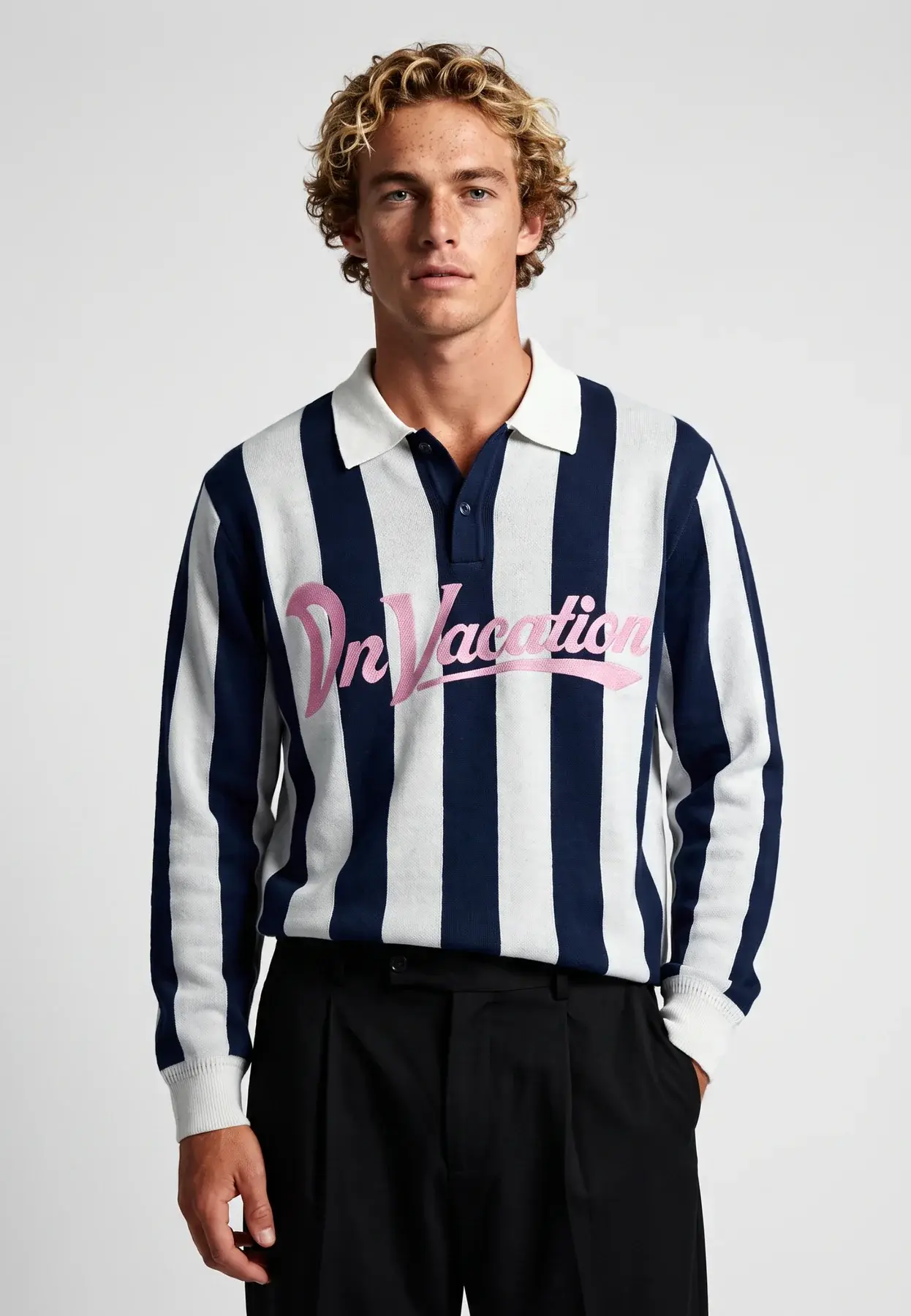 On Vacation On Vacation Retreat Striped Knit Polo Sweater Dark Blue