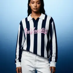 On Vacation Retreat Striped Knit Polo Sweater Dark Blue
