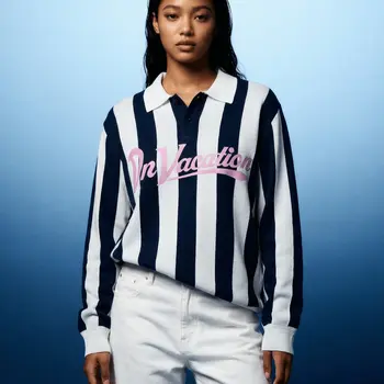 On Vacation Retreat Striped Knit Polo Sweater Dark Blue