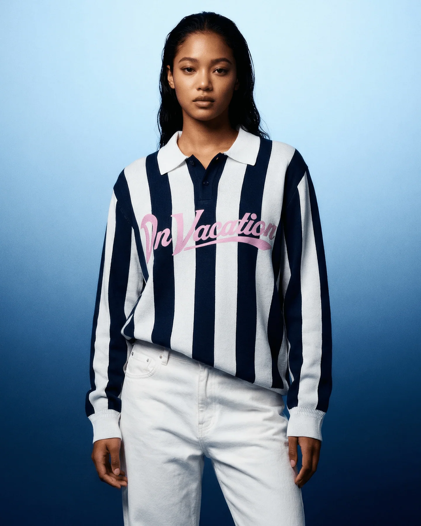 On Vacation On Vacation Retreat Striped Knit Polo Sweater Dark Blue
