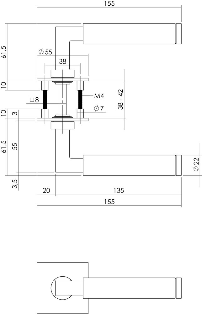 Intersteel Deurklink Bau-Stil vierkant magneet rozet geborsteld RVS
