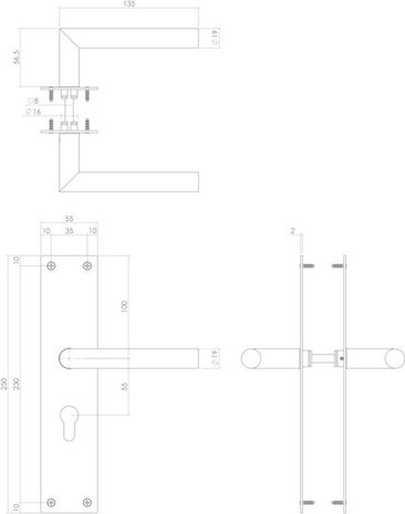 Intersteel Deurklink jura schild zwart 250x55x2mm profielcilindergat 55mm