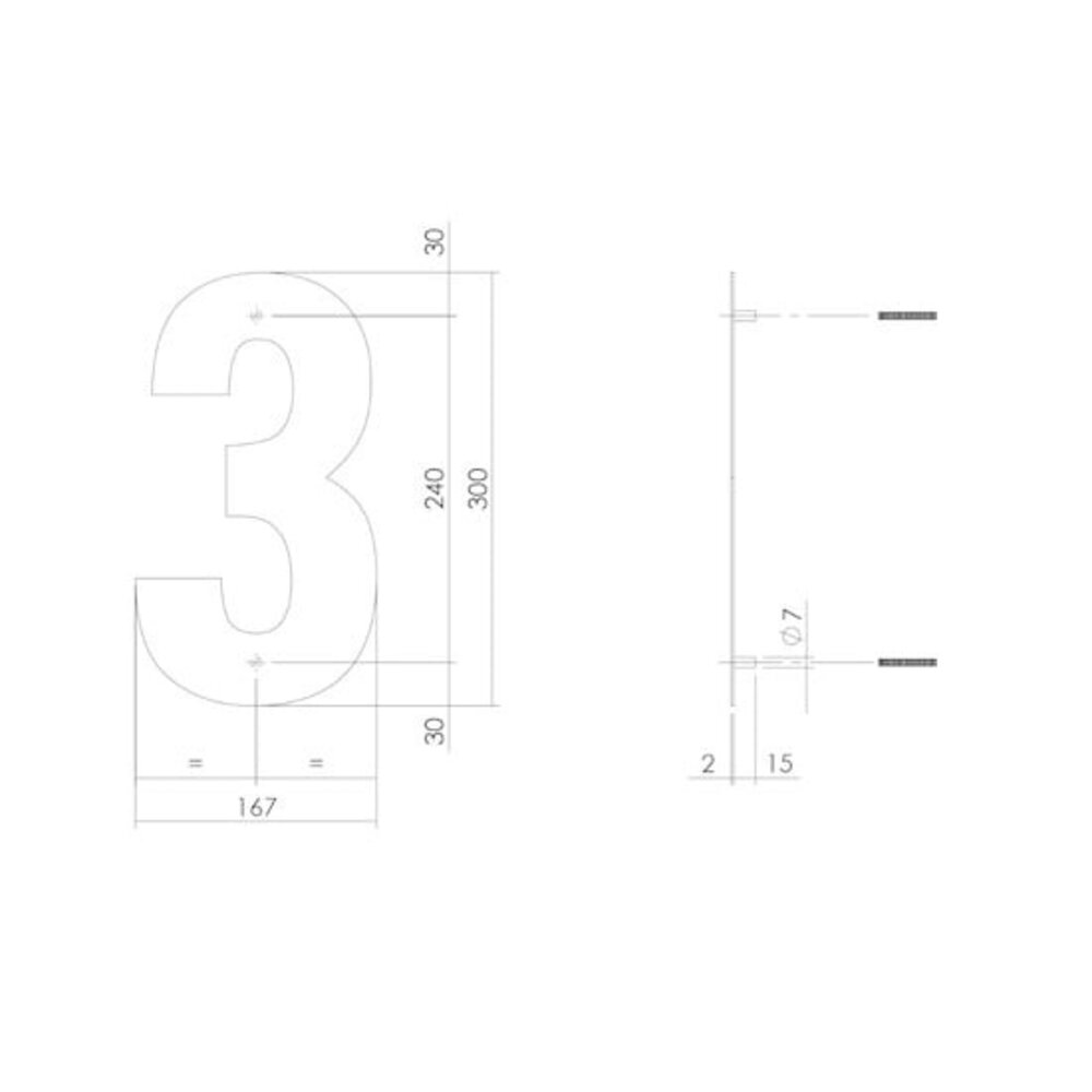 Intersteel Huisnummer 3 xl hoogte 30 cm rvs/mat zwart