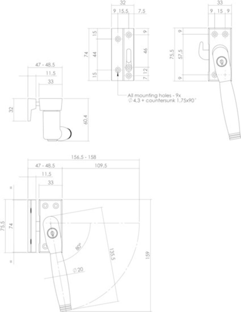 Intersteel Raamsluiting met slot skg1 rechts ton 222 chroom met ebbenhout