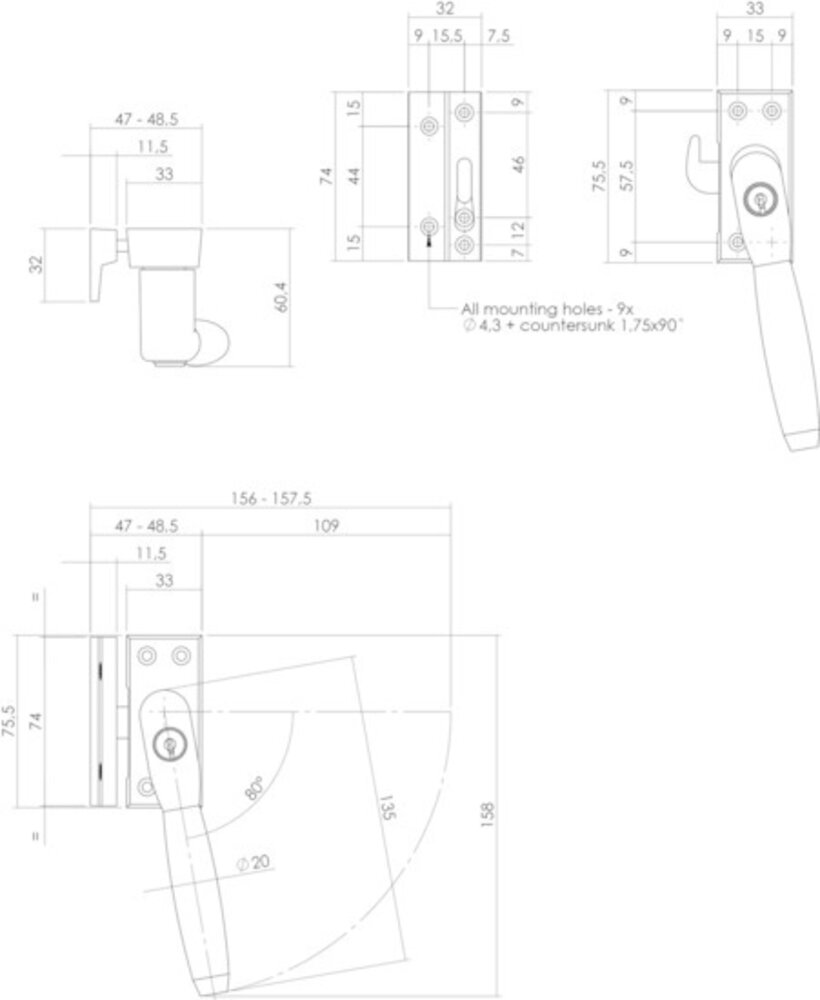 Intersteel Raamsluiting met slot skg1 rechts ton 400 chroom met ebbenhout
