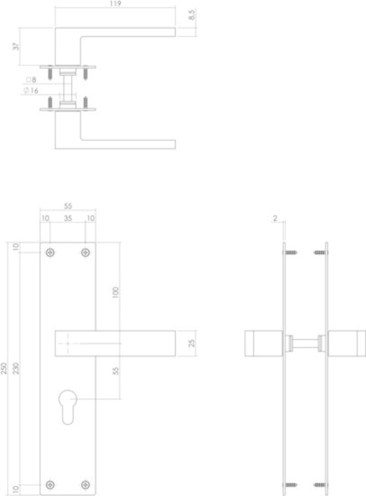 Intersteel Deurklink Amsterdam schild zwart 250x55x2mm profielcilindergat 72mm