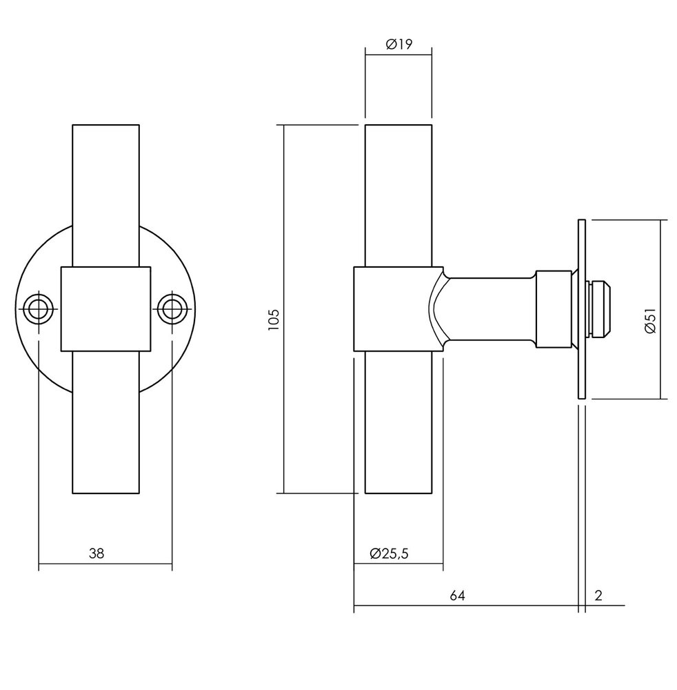 Intersteel Gatdeel T-model recht + ronde platte rozet 50X2mm RVS/Zwart