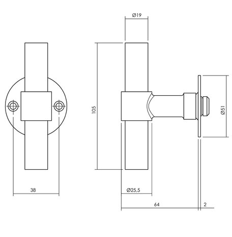 Intersteel Gatdeel T-model recht + ronde platte rozet 50X2mm RVS/Zwart