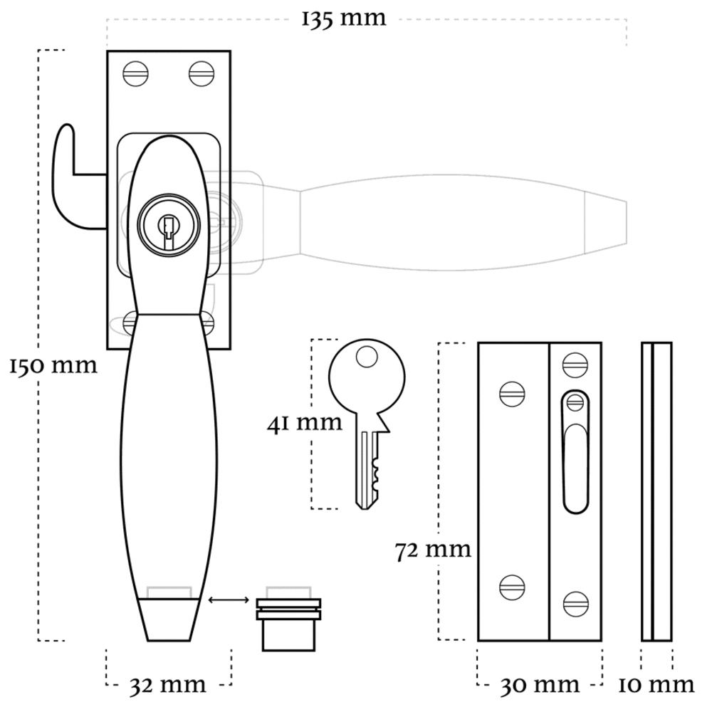 De Oude Deurklink Raamsluiting zwart met slot Deco rechts