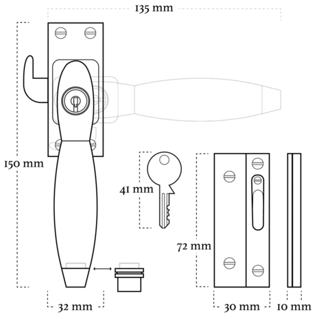 De Oude Deurklink Raamsluiting mat nikkel met slot Klassiek rechts