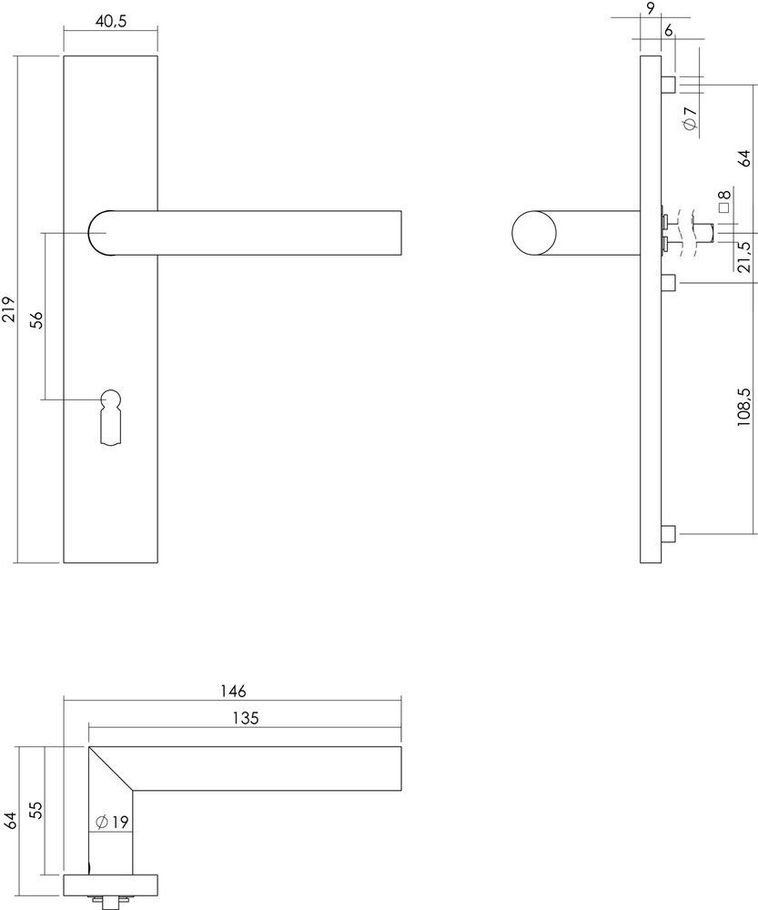 Intersteel Deurklink Hoek 90 graden op rechthoekig schild sleutelgat 56mm geborsteld RVS