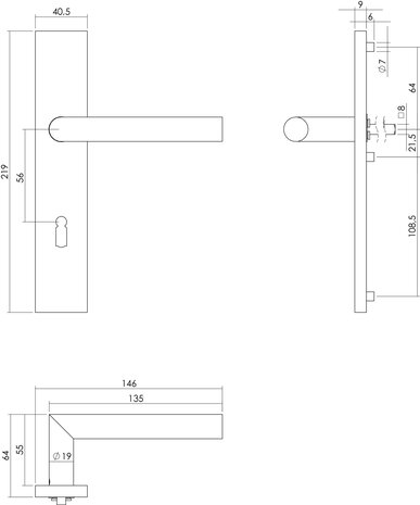Intersteel Deurklink Hoek 90 graden op rechthoekig schild sleutelgat 56mm geborsteld RVS