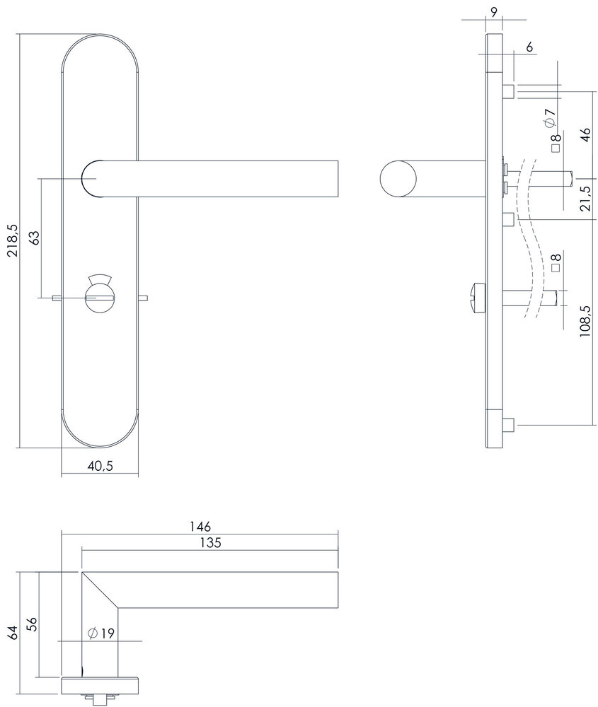 Intersteel Deurklink Hoek 90 graden op schild WC slot 63mm rechts geborsteld RVS