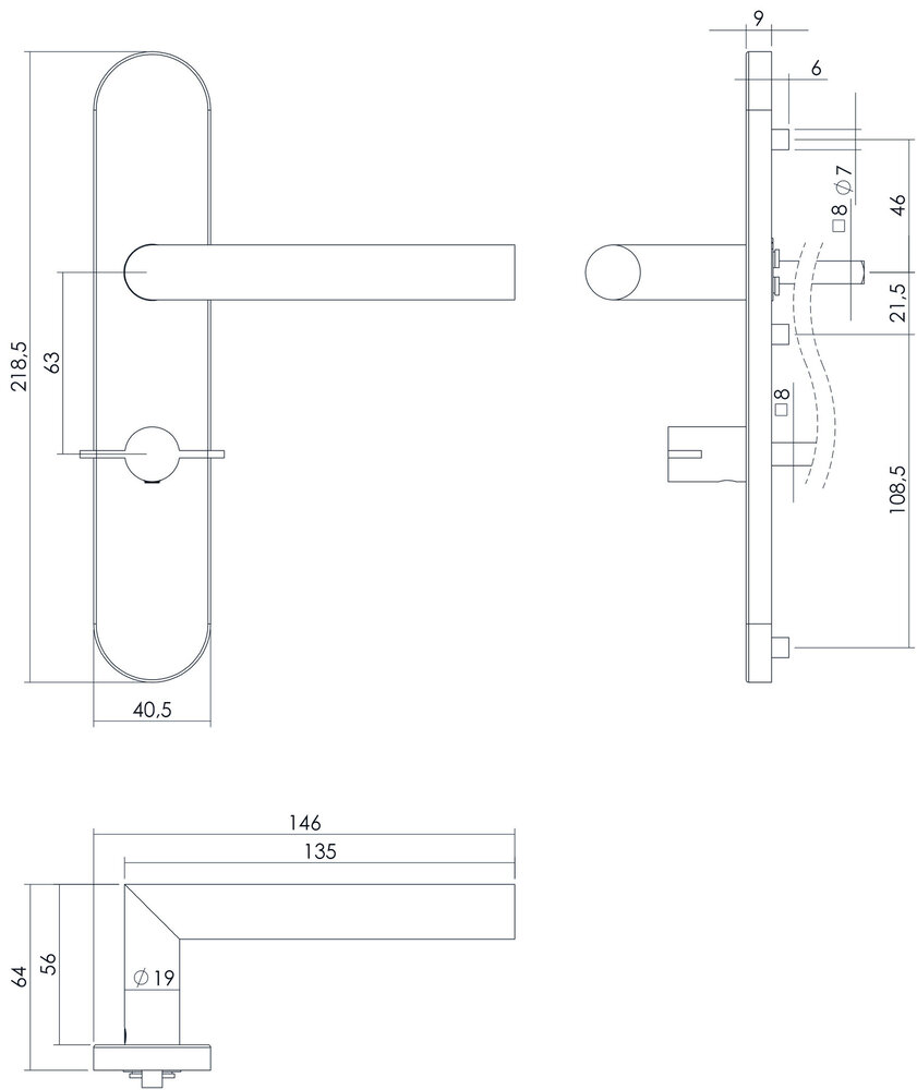 Intersteel Deurklink Hoek 90 graden op schild WC slot 63mm links geborsteld RVS