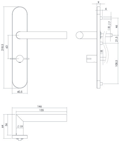 Intersteel Deurklink Hoek 90 graden op schild WC slot 63mm links geborsteld RVS