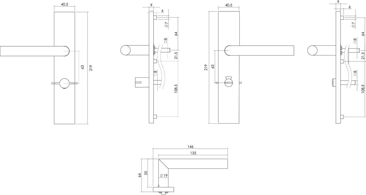 Intersteel Deurklink Hoek 90 graden op rechthoekig schild WC slot 63mm links geborsteld RVS
