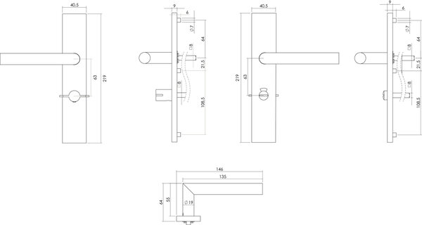 Intersteel Deurklink Hoek 90 graden op rechthoekig schild WC slot 63mm links geborsteld RVS