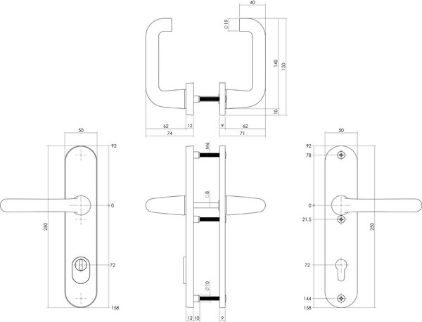 Intersteel Achterdeurbeslag SKG3 72mm kerntrekbeveiliging aluminium zwart