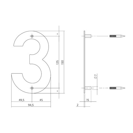 Intersteel Huisnummer 3 150x2mm geborsteld RVS