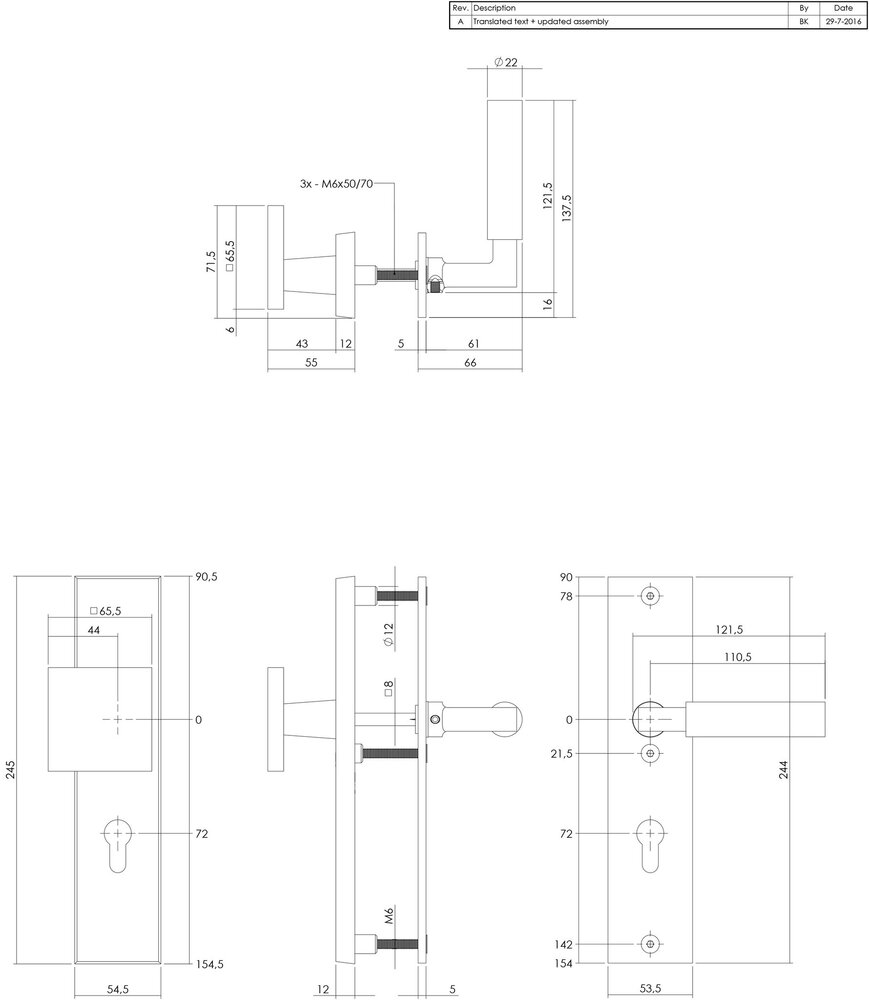 Intersteel Veiligheidsbeslag SKG3 rechthoekig profielcilincergat 72mm messing getrommeld voordeurbeslag