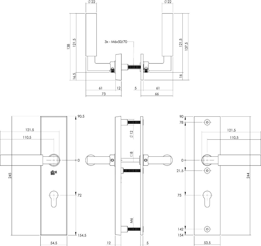 Intersteel Veiligheidsbeslag SKG3 rechthoekig kruk/kruk profielcilindergat 72mm messing getrommeld buitendeurbeslag