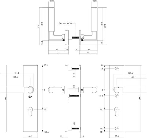 Intersteel Veiligheidsbeslag SKG3 rechthoekig kruk/kruk profielcilindergat 72mm messing getrommeld buitendeurbeslag