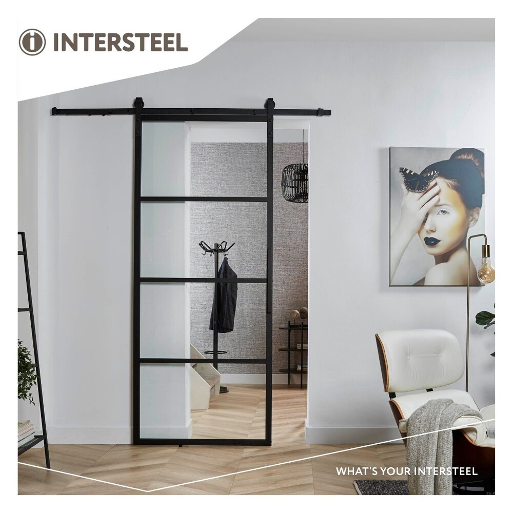 Intersteel DIY-schuifdeur Cubo zwart incl. transparant glas 2350x980x28mm + zwart schuifdeursysteem Basic