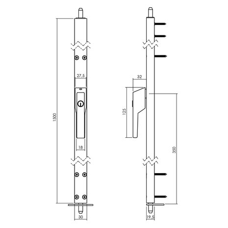 Intersteel Raamespagnolet afsluitbaar rechts 1500mm uitwisselbare cilinder aluminium
