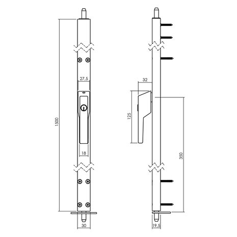Intersteel Raamespagnolet afsluitbaar rechts 1500mm uitwisselbare cilinder RAL 9010 wit