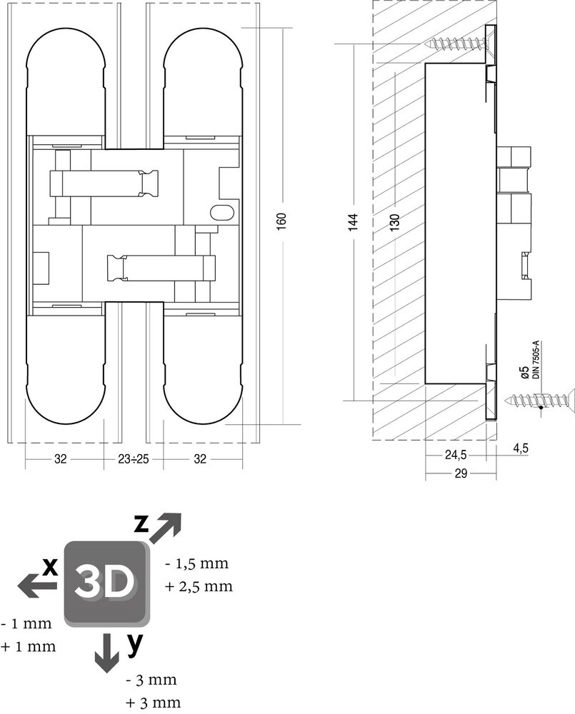 Intersteel Scharnier 160x32mm onzichtbaar nikkel 3D verstelbaar Intersteel Scharnier 160x32mm onzichtbaar nikkel 3D verstelbaar
