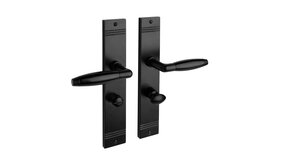 De Oude Deurklink Deurklink Retro geveerd mat zwart op schild met wc slot 63/8 mm De Oude Deurklink Deurklink Retro geveerd mat zwart op schild met wc slot 63/8 mm